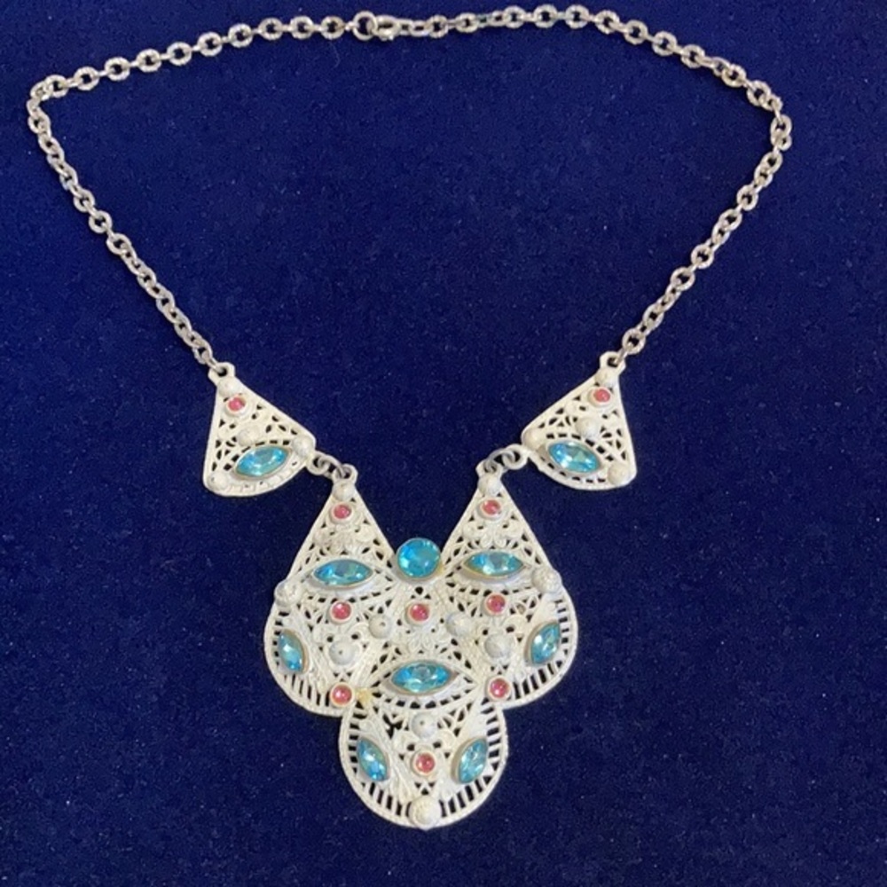Vintage intricate white painted necklace with aquamarine & rose colored crystals